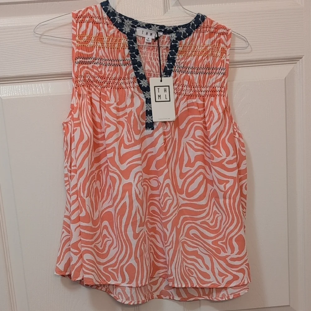 THML Orange and White Smocked Sleeveless Blouse - Picture 1 of 4